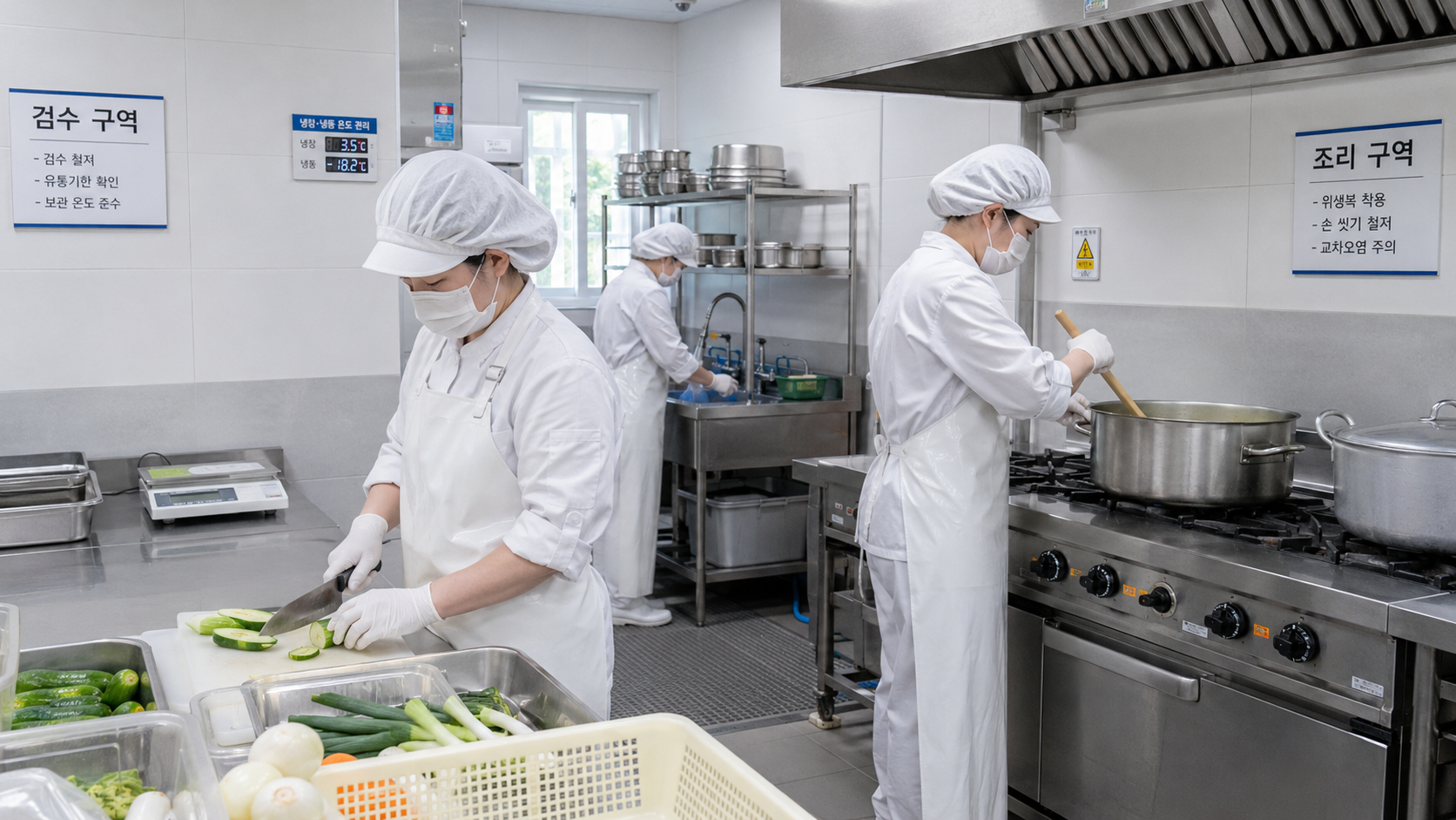도담 본점 평택 주방 운영 — HACCP 위생복 작업자가 단체급식 조리 작업