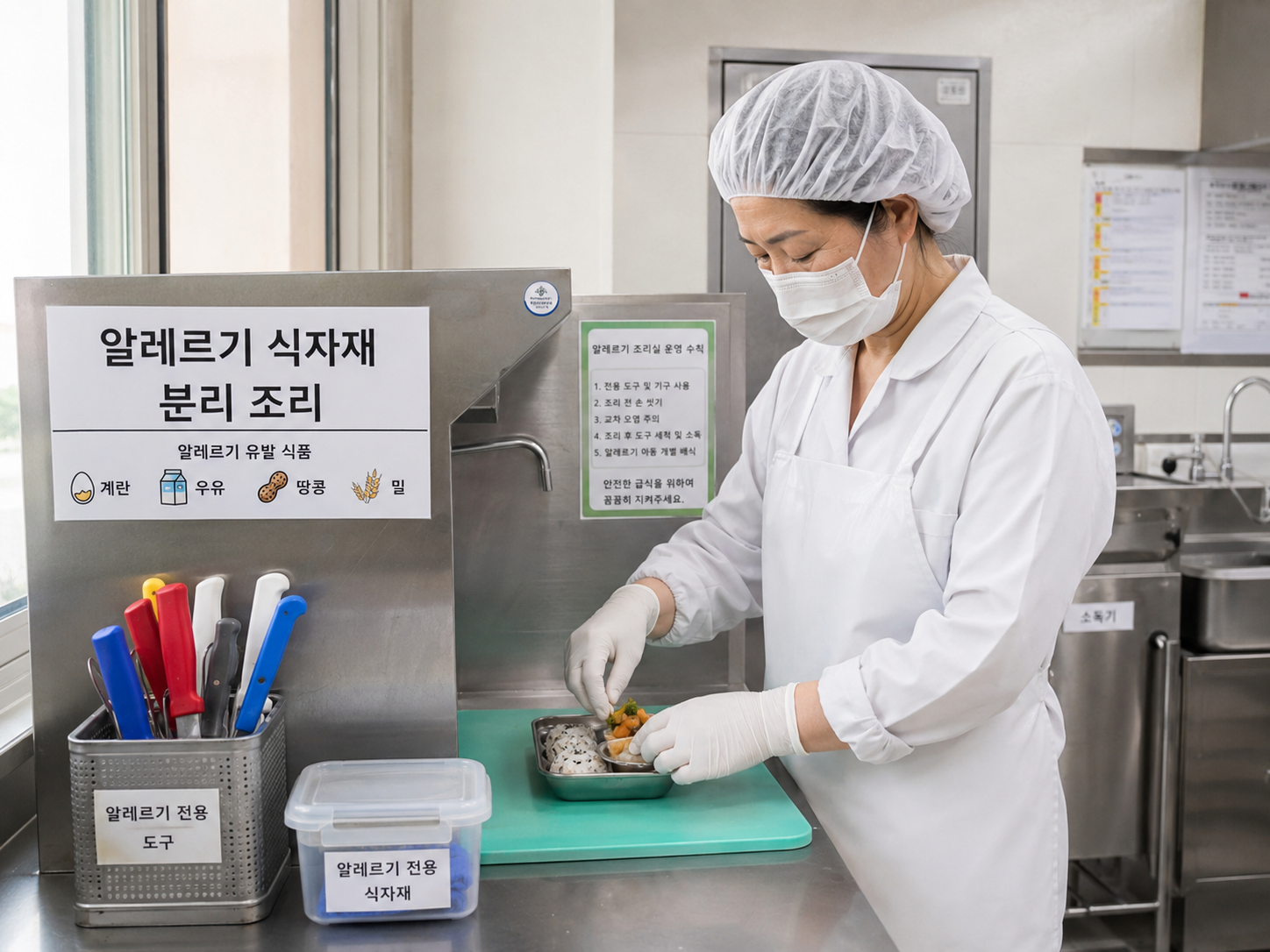 알레르기 식자재 분리 조리 라인 — 위생복 작업자가 별도 prep 카운터에서 알레르기 식자재 19종을 분리 조리