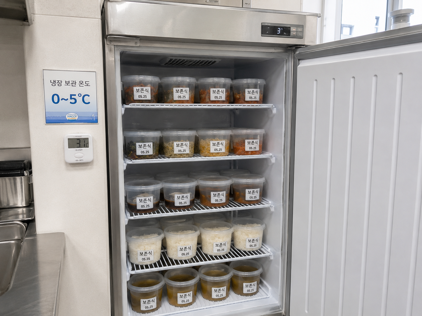 보존식 144시간 냉장 보관 시설 — 라벨 부착 보존식 컨테이너