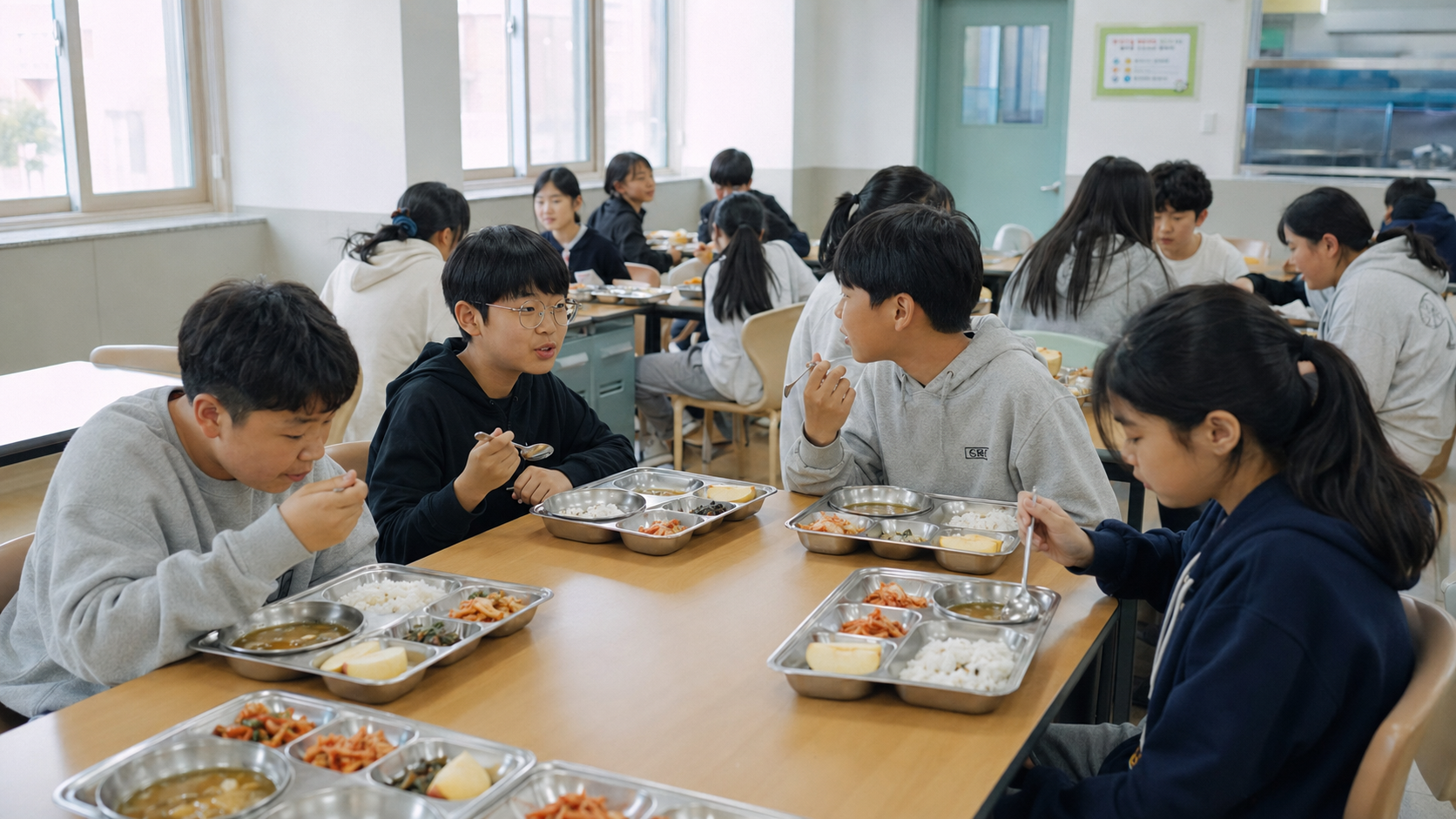 평택 학교 학생들이 학교 식당에서 균형 잡힌 한식 점심을 먹는 모습